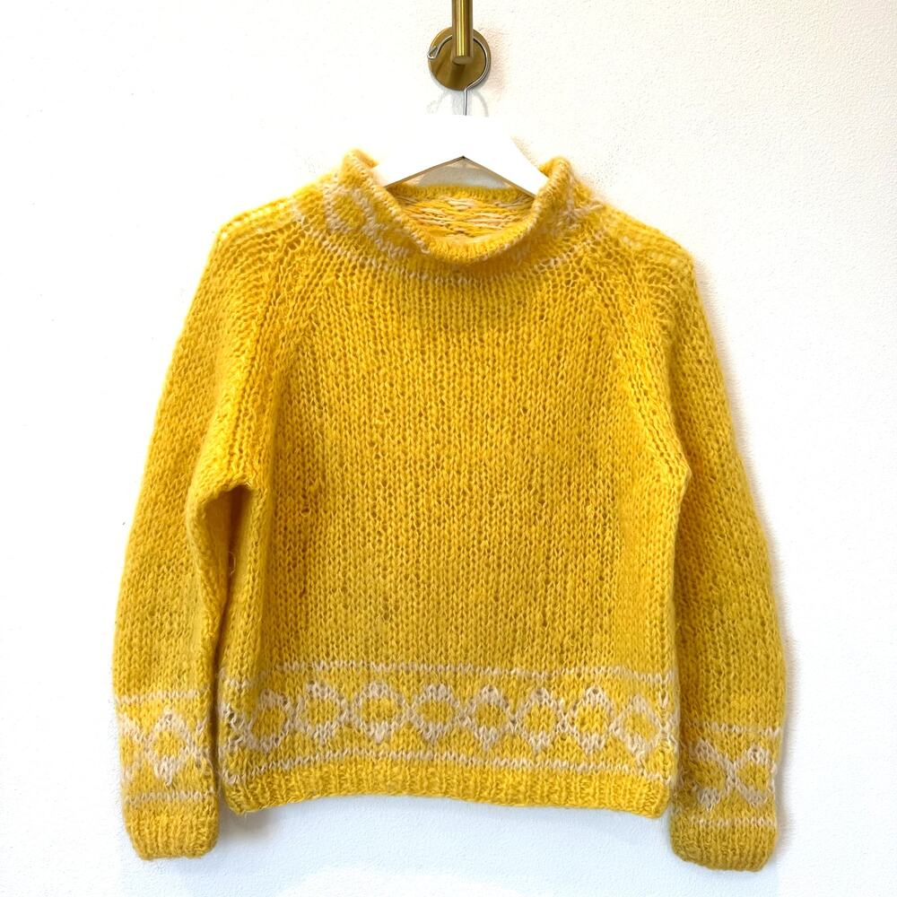 Vintage 70's Italian Hand Made Yellow Mohair Wool Blend Chunky Knit Sweater